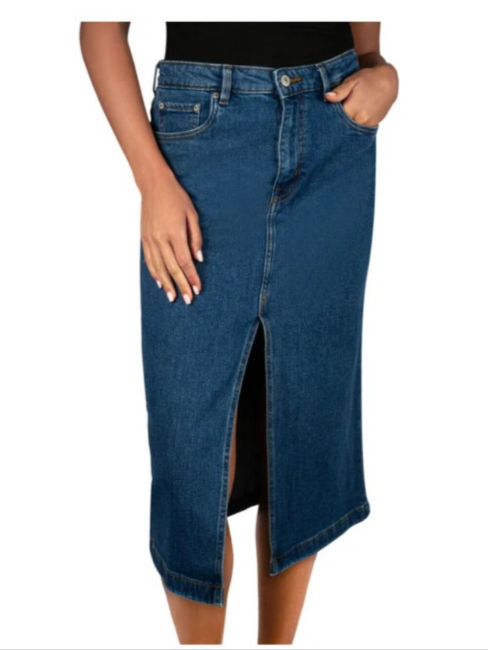 Steve Madden Women's Mid-Length Denim Pencil Skirt with Front Slit - Blue Small